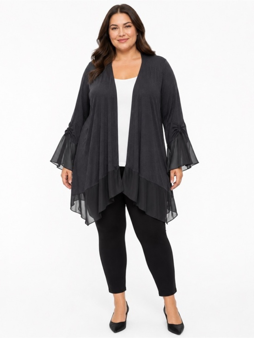 Avenue Plus Size 26 28 Black Open Front Cardigan Bell Sleeve Chiffon Trim NWT